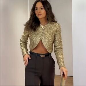 Zara Gold Sequin Cropped Blazer Jacket